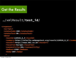 Get the Results

    …/xmlResult/test_id/
  <response>
    <script/>
    <statusCode>200</statusCode>
    <statusText>Ok</statusText>
    <data>
      <testId>120928_0_J</testId>
      <summary>http://velocity.webpagetest.org/result/120928_0_J/</summa
      <testUrl>http://news.bbc.co.uk</testUrl>
      <location>Europe</location>
      <connectivity>DSL</connectivity>
      <bwDown>1500</bwDown>
      <bwUp>384</bwUp>
      …
Thursday, 4 October 2012
 