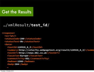 Get the Results

    …/xmlResult/test_id/
  <response>
    <script/>
    <statusCode>200</statusCode>
    <statusText>Ok</...