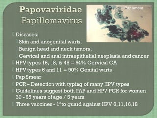  Diseases:
 Skin and anogenital warts,
 Benign head and neck tumors,
 Cervical and anal intraepithelial neoplasia and cancer
 HPV types 16, 18, & 45 = 94% Cervical CA
 HPV types 6 and 11 = 90% Genital warts
 Pap Smear
 PCR – Detection with typing of many HPV types
 Guidelines suggest both PAP and HPV PCR for women
30 - 65 years of age / 5 years
 Three vaccines - 1°to guard against HPV 6,11,16,18
Pap smear
 