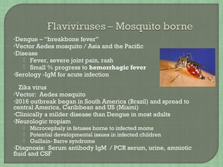 •Dengue – “breakbone fever”
•Vector Aedes mosquito / Asia and the Pacific
•Disease
 Fever, severe joint pain, rash
 Small % progress to hemorrhagic fever
•Serology -IgM for acute infection
 Zika virus
•Vector: Aedes mosquito
•2016 outbreak began in South America (Brazil) and spread to
central America, Caribbean and US (Miami)
•Clinically a milder disease than Dengue in most adults
•Neurologic tropism
 Microcephaly in fetuses borne to infected moms
 Potential developmental issues in infected children
 Guillain- Barre syndrome
•Diagnosis: Serum antibody IgM / PCR serum, urine, amniotic
fluid and CSF
 