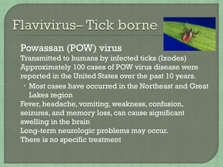  Powassan (POW) virus
 Transmitted to humans by infected ticks (Ixodes)
 Approximately 100 cases of POW virus disease were
reported in the United States over the past 10 years.
• Most cases have occurred in the Northeast and Great
Lakes region
 Fever, headache, vomiting, weakness, confusion,
seizures, and memory loss, can cause significant
swelling in the brain
 Long-term neurologic problems may occur.
 There is no specific treatment
 