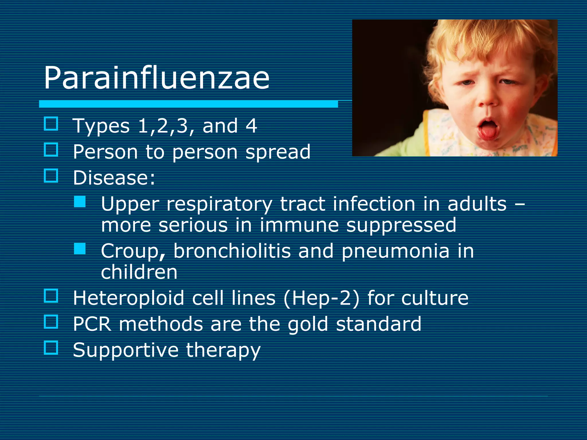 Parainfluenzae
 Types 1,2,3, and 4
 Person to person spread
 Disease:
 Upper respiratory tract infection in adults –
more serious in immune suppressed
 Croup, bronchiolitis and pneumonia in
children
 Heteroploid cell lines (Hep-2) for culture
 PCR methods are the gold standard
 Supportive therapy

 