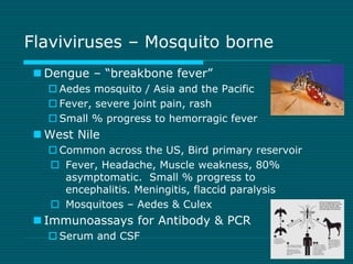 Flaviviruses – Mosquito borne 
 Dengue – “breakbone fever” 
 Aedes mosquito / Asia and the Pacific 
 Fever, severe join...