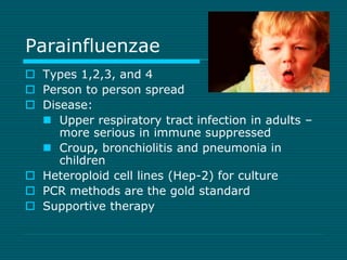 Parainfluenzae 
 Types 1,2,3, and 4 
 Person to person spread 
 Disease: 
 Upper respiratory tract infection in adults...