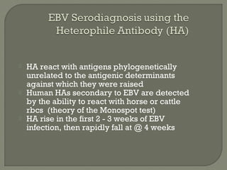  HA react with antigens phylogenetically
unrelated to the antigenic determinants
against which they were raised
 Human HAs secondary to EBV are detected
by the ability to react with horse or cattle
rbcs (theory of the Monospot test)
 HA rise in the first 2 - 3 weeks of EBV
infection, then rapidly fall at @ 4 weeks
 