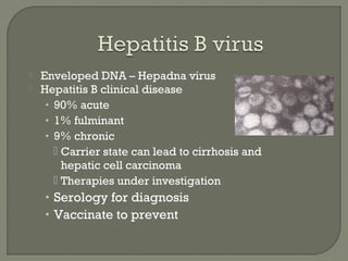  Enveloped DNA – Hepadna virus
 Hepatitis B clinical disease
• 90% acute
• 1% fulminant
• 9% chronic
 Carrier state can lead to cirrhosis and
hepatic cell carcinoma
 Therapies under investigation
• Serology for diagnosis
• Vaccinate to prevent
 