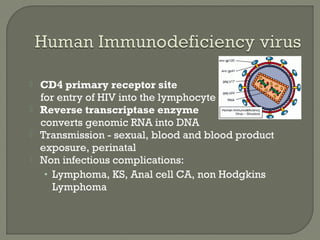  CD4 primary receptor site
for entry of HIV into the lymphocyte
 Reverse transcriptase enzyme
converts genomic RNA into DNA
 Transmission - sexual, blood and blood product
exposure, perinatal
 Non infectious complications:
• Lymphoma, KS, Anal cell CA, non Hodgkins
Lymphoma
 