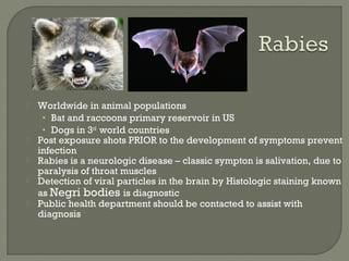  Worldwide in animal populations
• Bat and raccoons primary reservoir in US
• Dogs in 3rd
world countries
 Post exposure shots PRIOR to the development of symptoms prevent
infection
 Rabies is a neurologic disease – classic sympton is salivation, due to
paralysis of throat muscles
 Detection of viral particles in the brain by Histologic staining known
as Negri bodies is diagnostic
 Public health department should be contacted to assist with
diagnosis
 