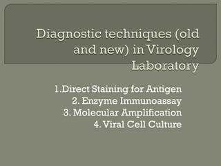 1.Direct Staining for Antigen
2. Enzyme Immunoassay
3. Molecular Amplification
4.Viral Cell Culture
 