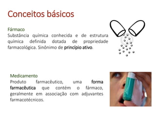 Fármaco
Substância química conhecida e de estrutura
química definida dotada de propriedade
farmacológica. Sinônimo de princípio ativo.
Medicamento
Produto farmacêutico, uma forma
farmacêutica que contém o fármaco,
geralmente em associação com adjuvantes
farmacotécnicos.
Conceitos básicos
 