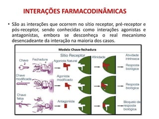 INTERAÇÕES FARMACODINÂMICAS
• São as interações que ocorrem no sítio receptor, pré-receptor e
pós-receptor, sendo conhecidas como interações agonistas e
antagonistas, embora se desconheça o real mecanismo
desencadeante da interação na maioria dos casos.
 