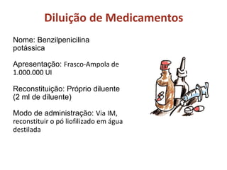 Nome: Benzilpenicilina
potássica
Apresentação: Frasco-Ampola de
1.000.000 UI
Reconstituição: Próprio diluente
(2 ml de diluente)
Modo de administração: Via IM,
reconstituir o pó liofilizado em água
destilada
Diluição de Medicamentos
 