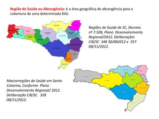 Macrorregiões de Saúde em Santa
Catarina, Conforme Plano
Desenvolvimento Regional/ 2012.
Deliberação CiB/SC 358
08/11/2012.
Regiões de Saúde de SC, Decreto
nº 7.508, Plano Desenvolvimento
Regional/2012. Deliberações
CiB/SC 348 30/082012 e 357
08/11/2012.
Região de Saúde ou Abrangência: é a área geográfica de abrangência para a
cobertura de uma determinada RAS.
 