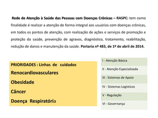Rede de Atenção à Saúde das Pessoas com Doenças Crônicas – RASPC: tem como
finalidade é realizar a atenção de forma integral aos usuários com doenças crônicas,
em todos os pontos de atenção, com realização de ações e serviços de promoção e
proteção da saúde, prevenção de agravos, diagnóstico, tratamento, reabilitação,
redução de danos e manutenção da saúde. Portaria nº 483, de 1º de abril de 2014.
PRIORIDADES : Linhas de cuidados
Renocardiovasculares
Obesidade
Câncer
Doença Respiratória
I - Atenção Básica
II - Atenção Especializada
III - Sistemas de Apoio
IV - Sistemas Logísticos
V - Regulação
VI - Governança
 
