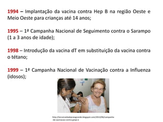 1994 – Implantação da vacina contra Hep B na região Oeste e
Meio Oeste para crianças até 14 anos;
1995 – 1ª Campanha Nacional de Seguimento contra o Sarampo
(1 a 3 anos de idade);
1998 – Introdução da vacina dT em substituição da vacina contra
o tétano;
1999 – 1ª Campanha Nacional de Vacinação contra a Influenza
(idosos);
http://terceiraidadepraiagrande.blogspot.com/2013/06/campanha
-de-vacinacao-contra-gripe-e
 