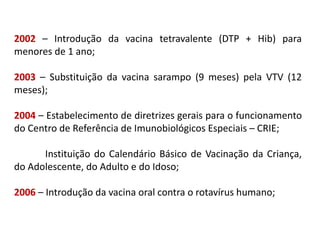 2002 – Introdução da vacina tetravalente (DTP + Hib) para
menores de 1 ano;
2003 – Substituição da vacina sarampo (9 meses) pela VTV (12
meses);
2004 – Estabelecimento de diretrizes gerais para o funcionamento
do Centro de Referência de Imunobiológicos Especiais – CRIE;
Instituição do Calendário Básico de Vacinação da Criança,
do Adolescente, do Adulto e do Idoso;
2006 – Introdução da vacina oral contra o rotavírus humano;
 