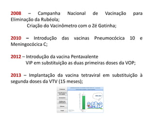 2008 – Campanha Nacional de Vacinação para
Eliminação da Rubéola;
Criação do Vacinômetro com o Zé Gotinha;
2010 – Introdução das vacinas Pneumocócica 10 e
Meningocócica C;
2012 – Introdução da vacina Pentavalente
VIP em substituição as duas primeiras doses da VOP;
2013 – Implantação da vacina tetraviral em substituição à
segunda doses da VTV (15 meses);
 