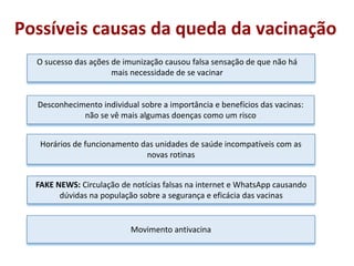 Possíveis causas da queda da vacinação
O sucesso das ações de imunização causou falsa sensação de que não há
mais necessidade de se vacinar
Desconhecimento individual sobre a importância e benefícios das vacinas:
não se vê mais algumas doenças como um risco
FAKE NEWS: Circulação de notícias falsas na internet e WhatsApp causando
dúvidas na população sobre a segurança e eficácia das vacinas
Horários de funcionamento das unidades de saúde incompatíveis com as
novas rotinas
Movimento antivacina
 