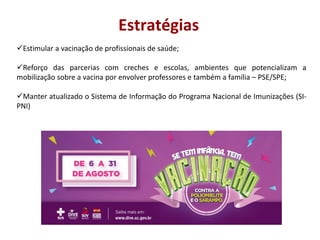 Estratégias
Estimular a vacinação de profissionais de saúde;
Reforço das parcerias com creches e escolas, ambientes que potencializam a
mobilização sobre a vacina por envolver professores e também a família – PSE/SPE;
Manter atualizado o Sistema de Informação do Programa Nacional de Imunizações (SI-
PNI)
 