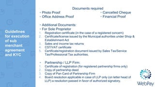 Guidelines
for execution
of sub
merchant
agreement
and KYC
Documents required
▸Photo Proof
▸Office Address Proof
▸Additional Documents:
▸For Sole Proprietor
1. Registration certificate (in the case of a registered concern)
2. Certificate/license issued by the Municipal authorities under Shop &
Establishment Act
3. Sales and income tax returns
4. CST/VAT certificate
5. Certificate/registration document issued by Sales Tax/Service
Tax/Professional Tax authorities.
▸ Partnership / LLP Firm:
1. Certificate of registration (for registered partnership firms only)
2. Copy of partnership deed
3. Copy of Pan Card of Partnership Firm
4. Board resolution applicable in case of LLP only (on letter head of
LLP) a resolution passed in favor of authorized signatory.
▸Cancelled Cheque
▸Financial Proof
 
