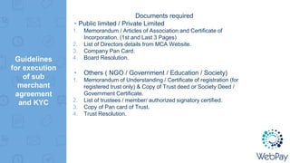Documents required
▸Public limited / Private Limited
1. Memorandum / Articles of Association and Certificate of
Incorporation. (1st and Last 3 Pages)
2. List of Directors details from MCA Website.
3. Company Pan Card.
4. Board Resolution.
▸ Others ( NGO / Government / Education / Society)
1. Memorandum of Understanding / Certificate of registration (for
registered trust only) & Copy of Trust deed or Society Deed /
Government Certificate.
2. List of trustees / member/ authorized signatory certified.
3. Copy of Pan card of Trust.
4. Trust Resolution.
Guidelines
for execution
of sub
merchant
agreement
and KYC
 