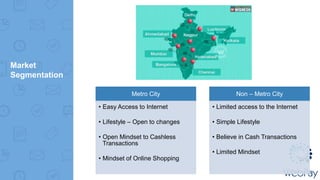 Metro City
• Easy Access to Internet
• Lifestyle – Open to changes
• Open Mindset to Cashless
Transactions
• Mindset of Online Shopping
Non – Metro City
• Limited access to the Internet
• Simple Lifestyle
• Believe in Cash Transactions
• Limited Mindset
Market
Segmentation
 