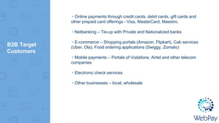 B2B Target
Customers
▸Online payments through credit cards, debit cards, gift cards and
other prepaid card offerings - Visa, MasterCard, Maestro.
▸Netbanking – Tie-up with Private and Nationalized banks
▸E-commerce – Shopping portals (Amazon, Flipkart), Cab services
(Uber, Ola), Food ordering applications (Swiggy, Zomato)
▸Mobile payments – Portals of Vodafone, Airtel and other telecom
companies
▸Electronic check services
▸Other businesses – local, wholesale
 