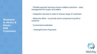 Strategies
to Attract &
Retain :
B2B
Customers
▸Flexible payment services across multiple customers – easy
management for buyers and sellers
▸Integration services to cater to diverse range of customers
▸Welcome offers – to provide some component of profit to
customer
▸Currencies/Localization
▸ Hosting/On-form Payments
 