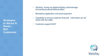 ▸ Sending money as digital birthday card/marriage
anniversary/cultural festival offers
▸ Biometrics application one-touch payment
▸ Capability to ensure customer financial information do not
share with the seller
▸ Customer support 24X7
Strategies
to Attract &
Retain :
B2C
Customers
 