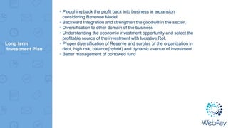 Long term
Investment Plan
▸Ploughing back the profit back into business in expansion
considering Revenue Model.
▸Backward Integration and strengthen the goodwill in the sector.
▸Diversification to other domain of the business
▸Understanding the economic investment opportunity and select the
profitable source of the investment with lucrative RoI.
▸Proper diversification of Reserve and surplus of the organization in
debt, high risk, balance(hybrid) and dynamic avenue of investment
▸Better management of borrowed fund
 