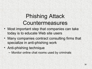 36
Phishing Attack
Countermeasures
• Most important step that companies can take
today is to educate Web site users
• Many companies contract consulting firms that
specialize in anti-phishing work
• Anti-phishing technique
– Monitor online chat rooms used by criminals
 