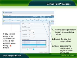 1. Restrict editing details of
                    the pay process being
If pay process      defined
group is not
available then   2. Enable the pay item
define a new              being defined
process group
using            3. Allow assigning the
button                    pay process to
                          payroll inactive
                          employees
 