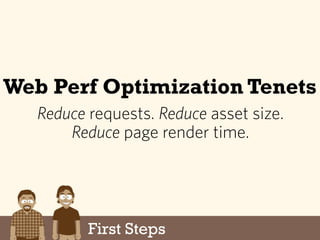 Web Perf Optimization Tenets
Reduce requests. Reduce asset size.
Reduce page render time.
First Steps
 