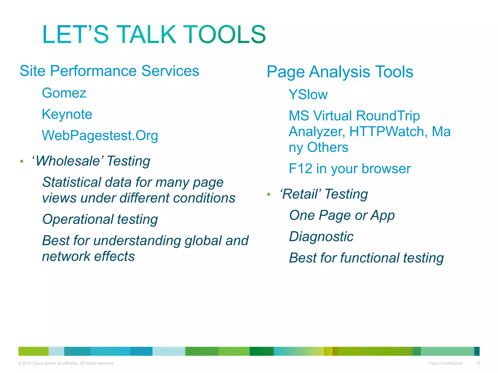 Let’s Talk Tools
Site Performance Services
– Gomez
Page Analysis Tools
– Keynote
– YSlow
– WebPagestest.Org
– MS Virtual RoundTrip
• ‘Wholesale’ Testing
Analyzer, HTTPWatch, Many
– Statistical data for many page
Others
views under different conditions
– F12 in your browser
– Operational testing
• ‘Retail’ Testing
– Best for understanding global and
– One Page or App
network effects
– Diagnostic
– Best for functional testing

 