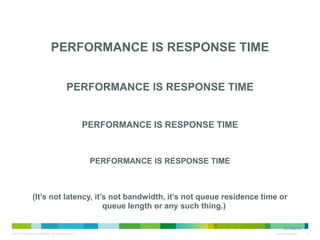 • PERFORMANCE IS RESPONSE TIME
• PERFORMANCE IS RESPONSE TIME
•

PERFORMANCE IS RESPONSE TIME

• PERFORMANCE IS RESPONSE TIME
• (It’s not latency, it’s not bandwidth, it’s not
queue residence time or queue length or any
such thing.)
12/13/2013

 