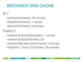 Browser DNS Cache
• IE 7
• DnsCacheTimeout: 30 minutes
• KeepAliveTimeout: 1 minute
• ServerInfoTimeout: 2 minutes

• Firefox 2
•
•
•
•

network.dnsCacheExpiration: 1 minute
network.dnsCacheEntries: 20
network.http.keep-alive.timeout: 5 minutes
Fasterfox: 1 hour, 512 entries, 30 seconds

 