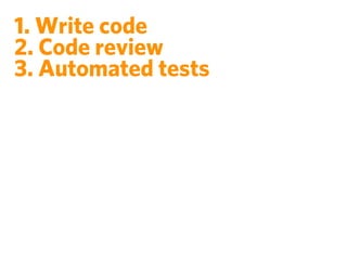 1. Write code
2. Code review
3. Automated tests
 