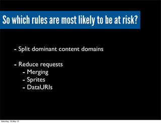 So which rules are most likely to be at risk?
- Split dominant content domains
- Reduce requests
- Merging
- Sprites
- DataURIs
Saturday, 18 May 13
 