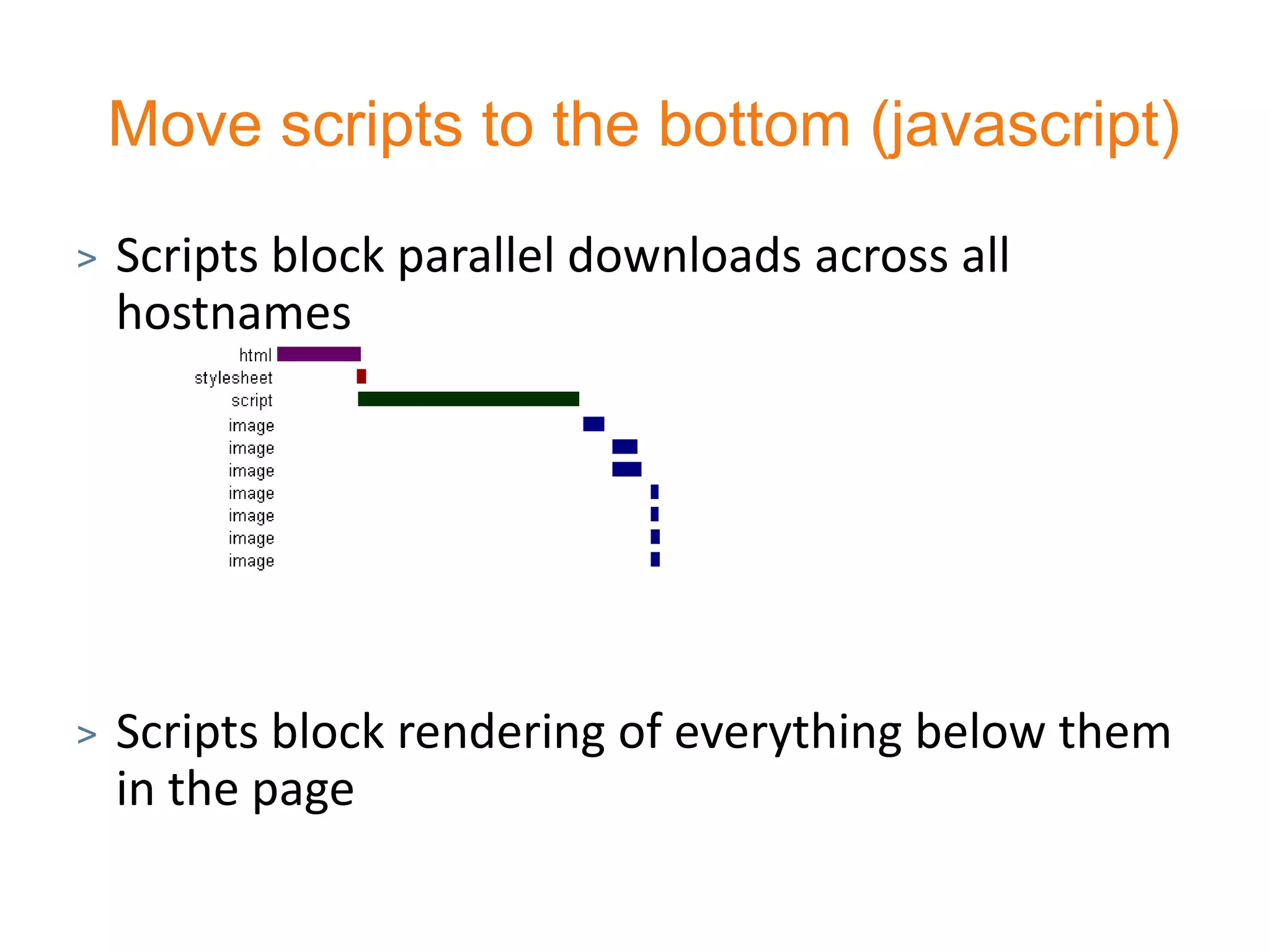 Move scripts to the bottom (javascript)
>   Scripts block parallel downloads across all
    hostnames




>   Scripts block rendering of everything below them
    in the page
 
