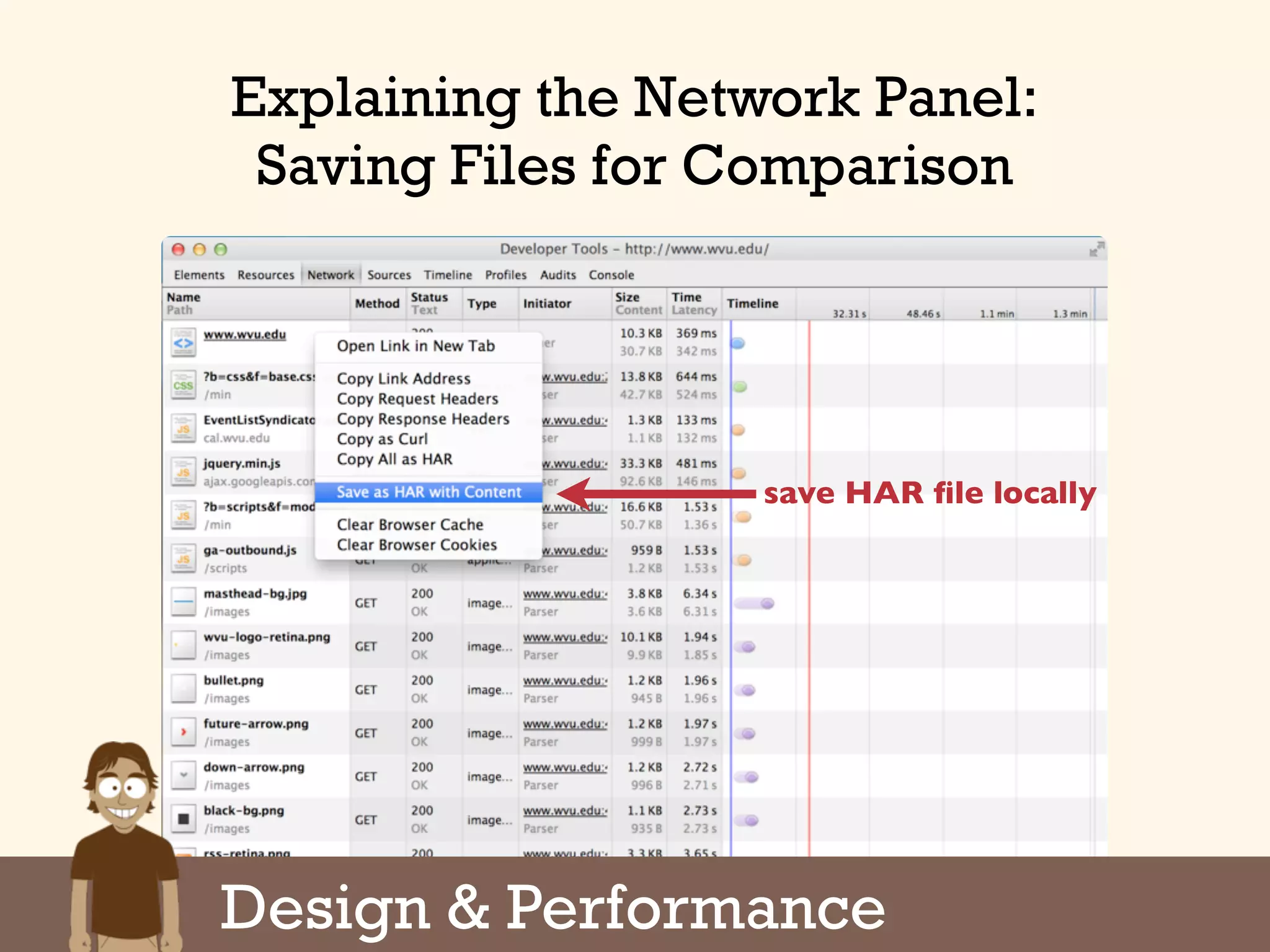 Design & Performance
save HAR ﬁle locally
Explaining the Network Panel:
Saving Files for Comparison
 