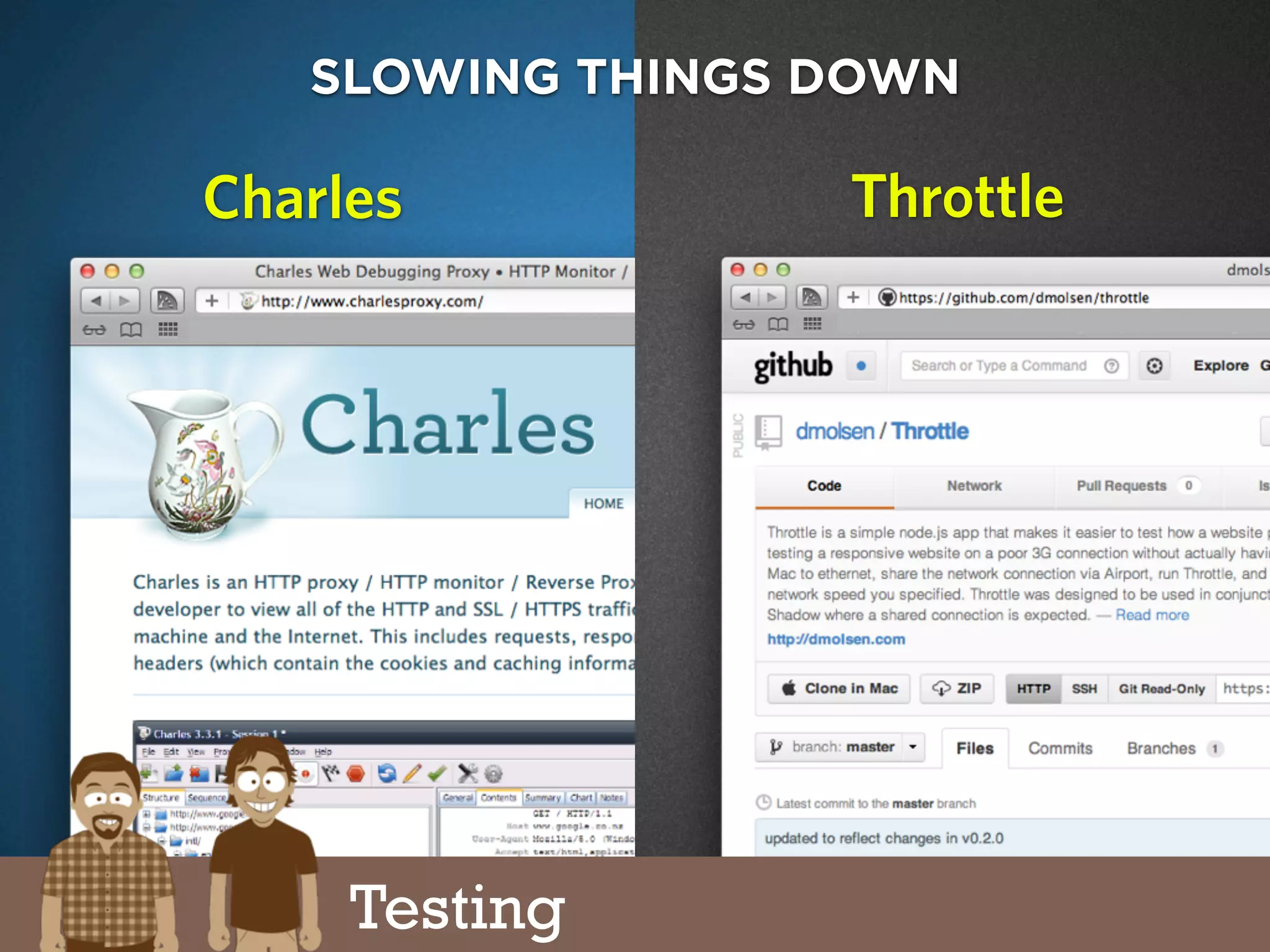 charlesproxy.com
SLOWING THINGS DOWN
ThrottleCharles
Testing
 