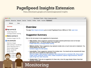 PageSpeed Insights Extension
https://developers.google.com/speed/pagespeed/insights
Monitoring
 