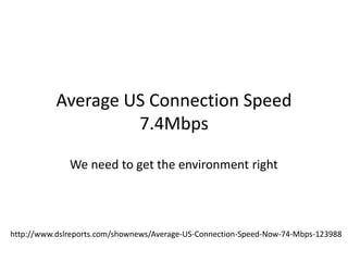 Average US Connection Speed
7.4Mbps
We need to get the environment right

http://www.dslreports.com/shownews/Average-US-Connection-Speed-Now-74-Mbps-123988

 