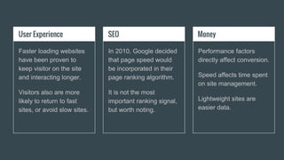 User Experience
Faster loading websites
have been proven to
keep visitor on the site
and interacting longer.
Visitors also are more
likely to return to fast
sites, or avoid slow sites.
SEO
In 2010, Google decided
that page speed would
be incorporated in their
page ranking algorithm.
It is not the most
important ranking signal,
but worth noting.
Money
Performance factors
directly affect conversion.
Speed affects time spent
on site management.
Lightweight sites are
easier data.
 