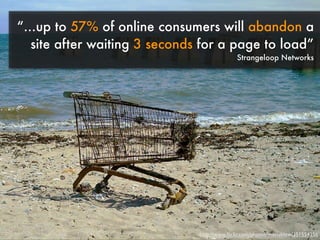 “...up to 57% of online consumers will abandon a
   site after waiting 3 seconds for a page to load”
                                             Strangeloop Networks




                               http://www.ﬂickr.com/photos/macieklew/351554256
 