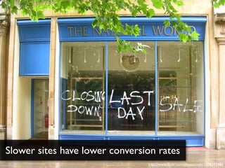 Slower sites have lower conversion rates
                                http://www.ﬂickr.com/photos/nelc/1208393486
 