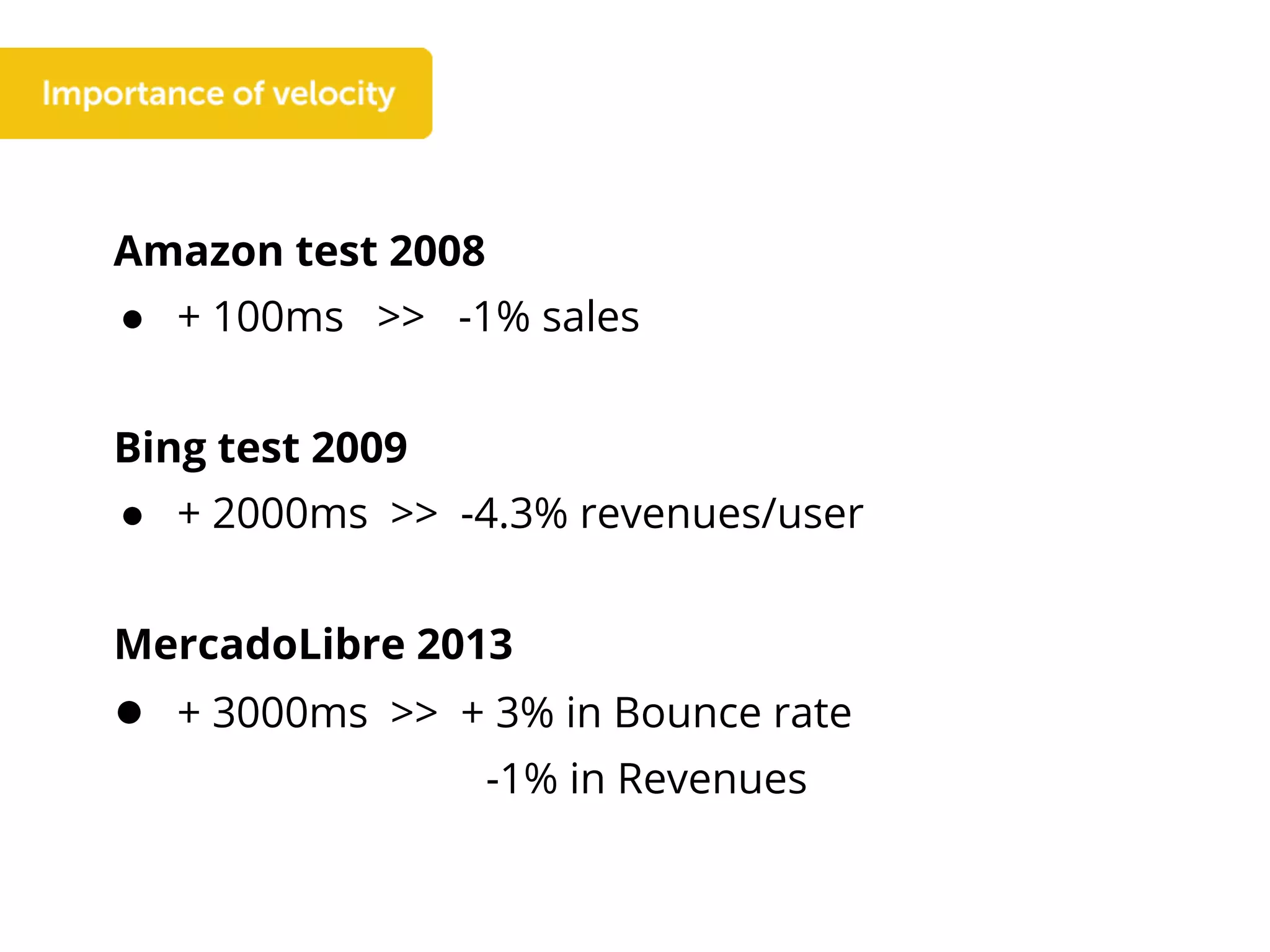 Amazon test 2008
● + 100ms >> -1% sales
Bing test 2009
● + 2000ms >> -4.3% revenues/user
MercadoLibre 2013
● + 3000ms >> + 3% in Bounce rate
-1% in Revenues
 