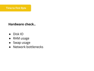 Hardware check..
● Disk IO
● RAM usage
● Swap usage
● Network bottlenecks
 
