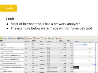 Tools
● Most of browser tools has a network analyzer
● The example below were made with Chrome dev tool
 