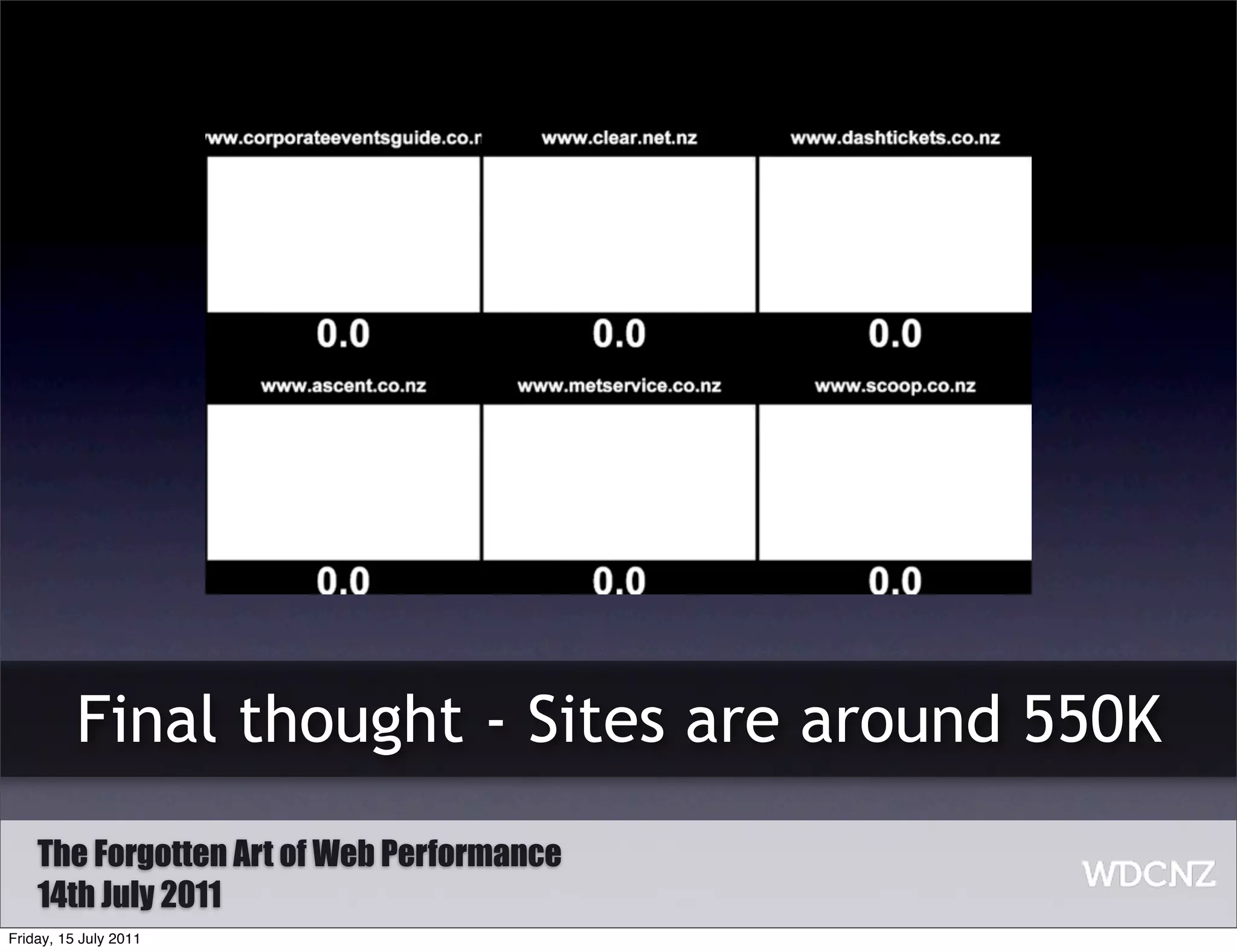 Video

          Final thought - Sites are around 550K
    The Forgotten Art of Web Performance
    14th July 2011
Friday, 15 July 2011
 
